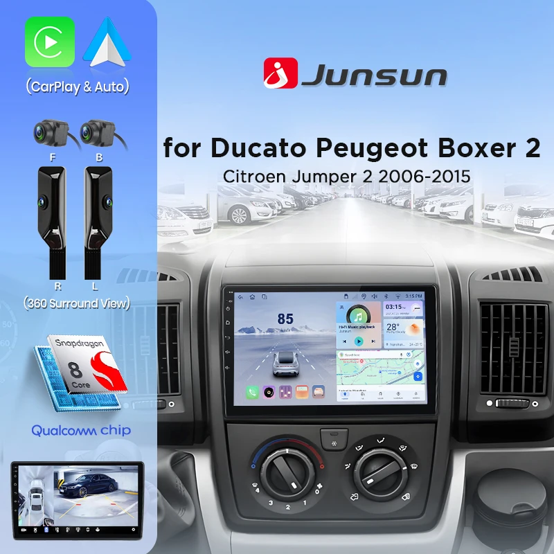 Junsun 360 ° Cámara panorámica Radio de coche para Fiat Ducato Peugeot Boxer 2 Citroen Jumper 2 2006 - 2015 CarPlay inalámbrico Android Auto 1