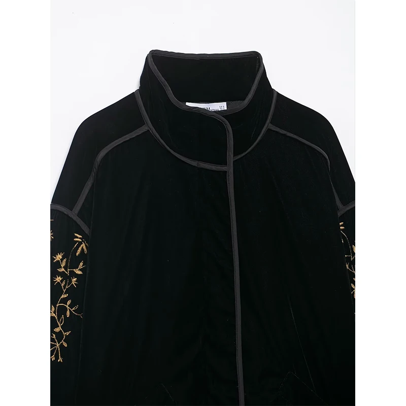 Women Embroidery Velvet Jacket Zipper Loose Long Sleeve Fashion 2025 Winter Thicken Women's Coat Street Casual New Outerwear