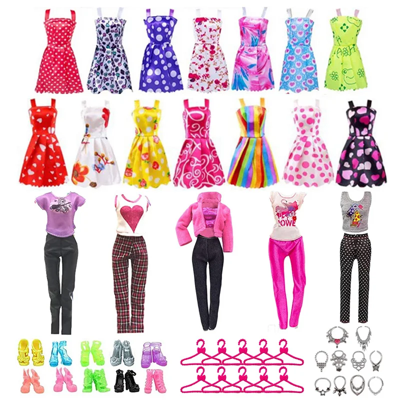 

45 Items/Lots Doll Dress Doll Accessories for Barbie=10 Dresses+5 Tops Pants+10 Hangers+ 10 Necklace + 10 Shoes For Barbie Doll