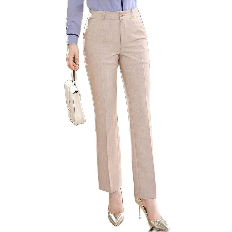 Lenshin pantalón Formal con bolsillos para mujer, ropa de trabajo recta, diseño de negocios, color Beige|Pantalones pantalones capri|