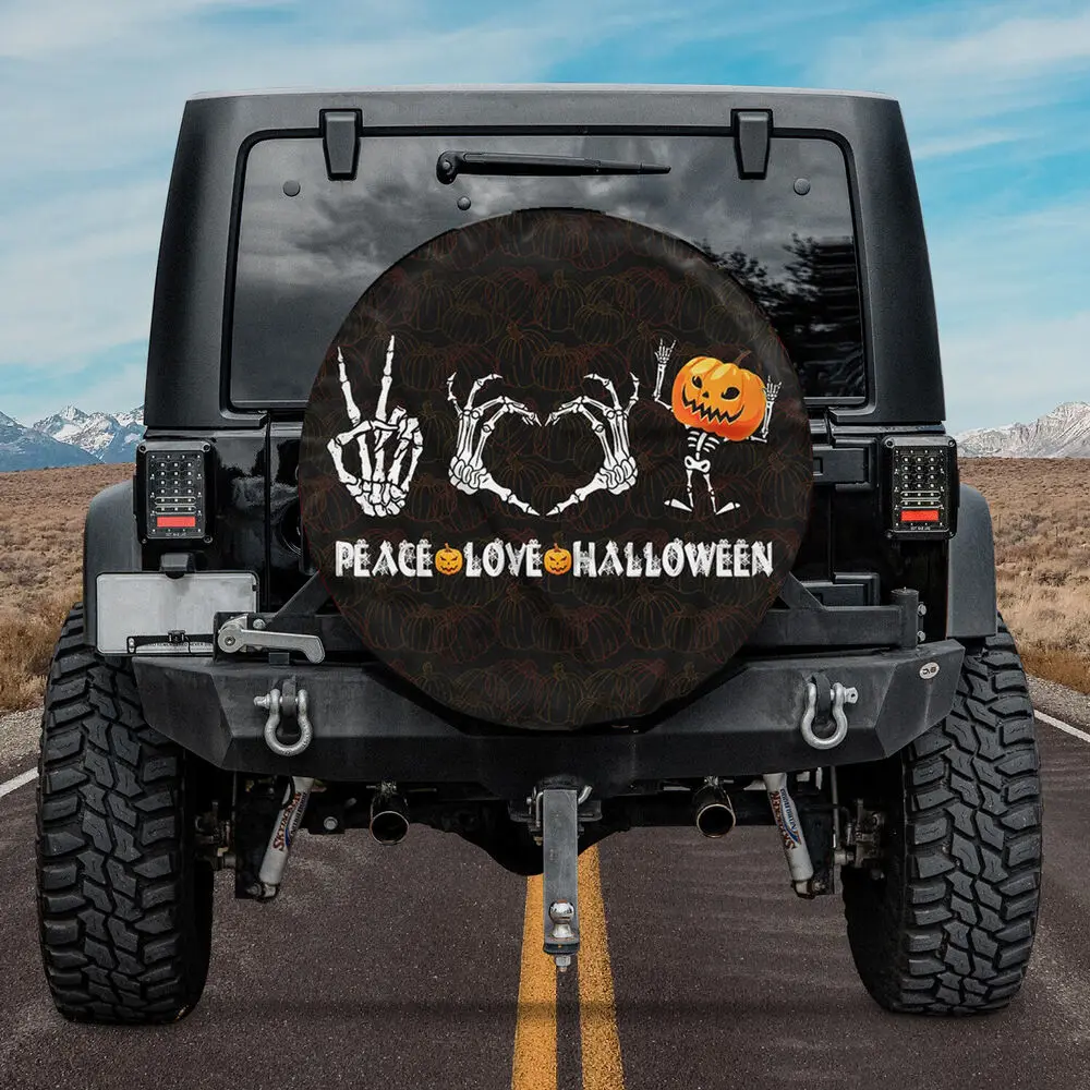 

Funny Skeleton Halloween Spare Tire Cover Peace Love Camper Halloween Gift