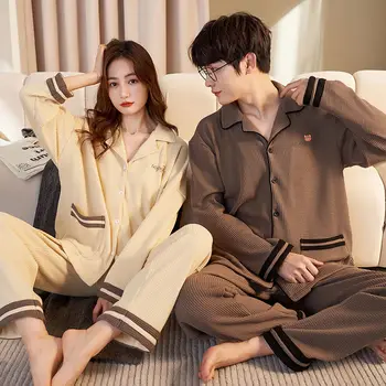 봄 가을 긴팔 한국 카디건 코튼 잠옷 투피스 세트, 캐주얼 V넥 커플 잠옷, 남녀공용 잠옷
