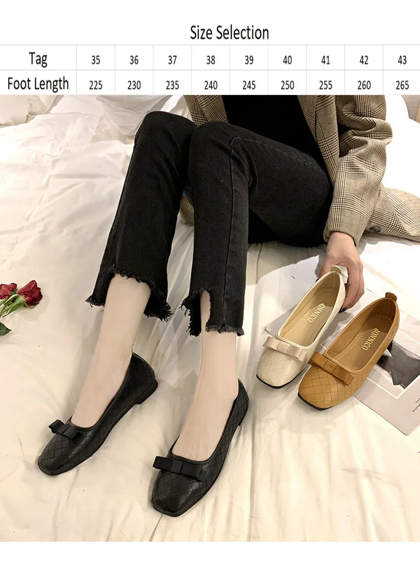 Women's Shoes Square Head PU Flat Heels  Soft Bow  Comfortable Leisure Flats