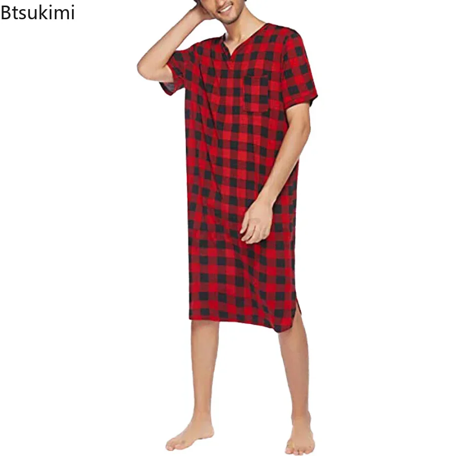 2024 Men's Casual Cotton Plaid Sleep Robe Pajamas Short Sleeve V-neck Homewear One-piece Comfortable Home Loose Bathrobe Male