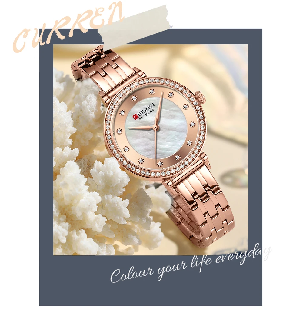 CURREN Luxury Slim Women's Watch Two Tone Stainless Steel Band Mother of Pearl Dial with Rhinestones Elegant Quartz Wristwatch