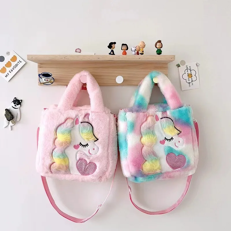 Kids Bags Shoulder Bags Cartoon Embroidered Plush One Shoulder Bag Cute Girl Children's Handbag Unicorn Girl Crossbody Bag Spot