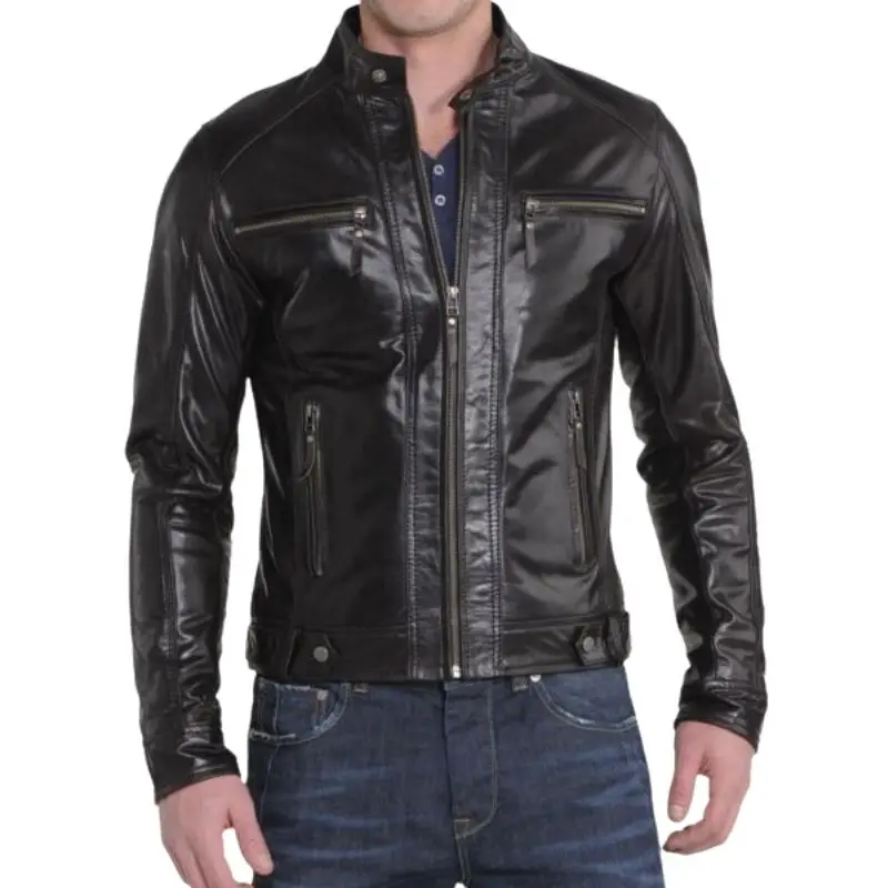 

Men Black Biker Jacket Genuine Lambskin Leather Motorcycle Soft/Smooth Outwear