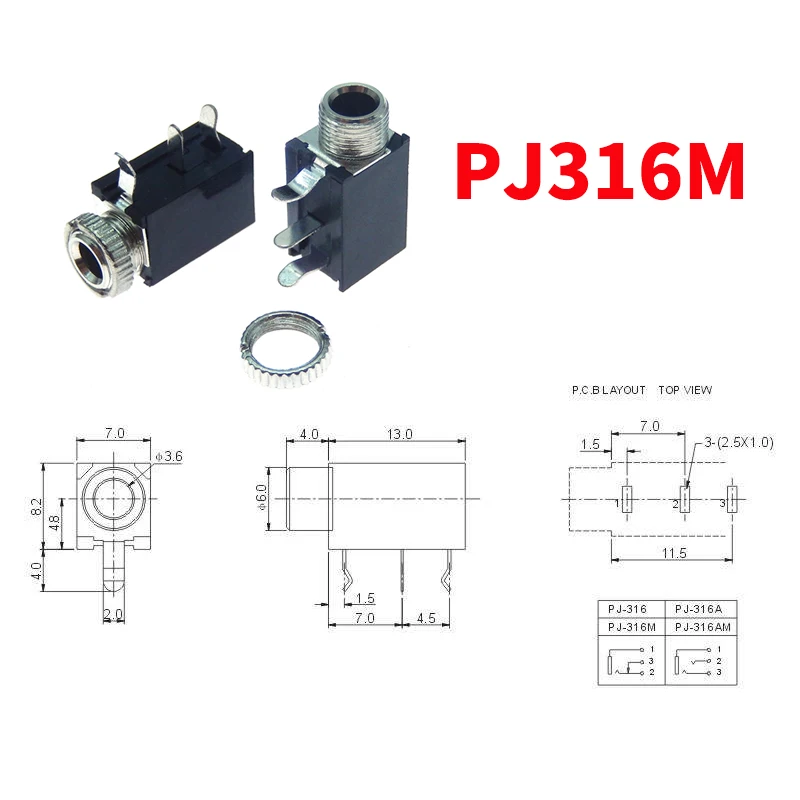 5/10PCS 헤드폰 잭 소켓 PJ-316M 3.5mm 암 잭 3 핀 소켓 오디오 비디오 터미널 커넥터 PJ316M 3.5 dip PCB 마운트