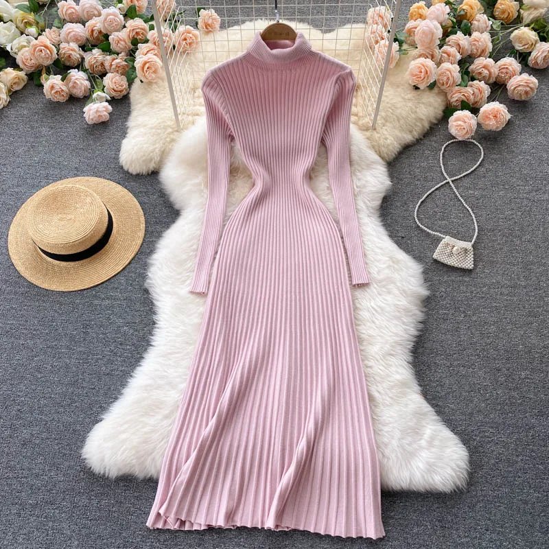 

Spring Autumn Women's Dress Korean Retro Solid Color High-neck Knitted Long-sleeved Dress New Female Waist Slim Dresses