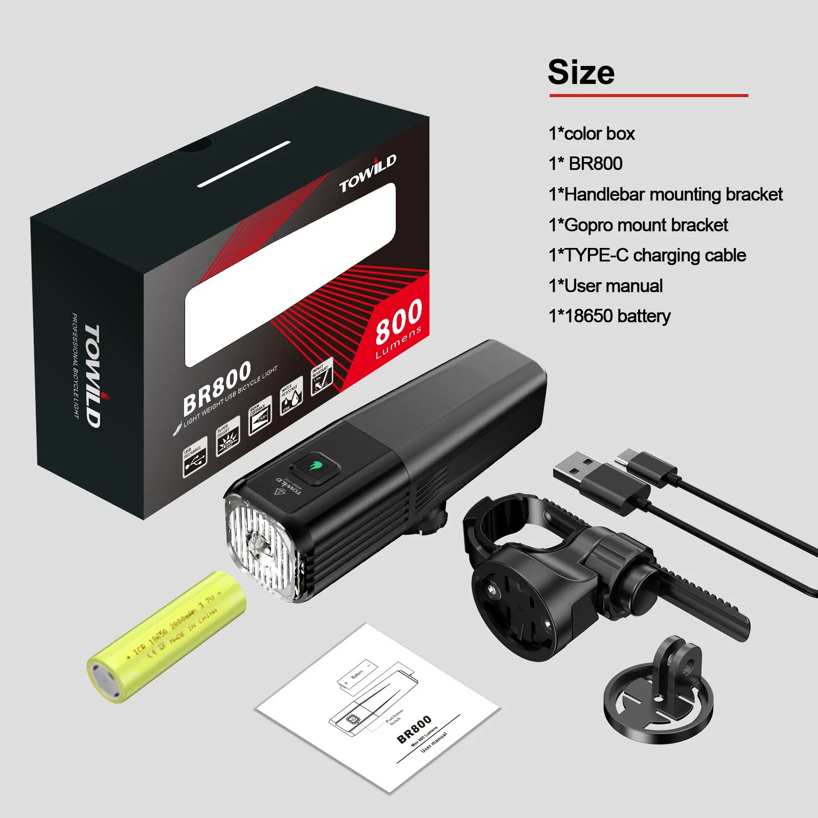 TOWILD BR800 자전거 라이트, C 타입 18650, 2000mAh 배터리, 교체 가능한 LED MTB 전면 램프, 헤드라이트 알루미늄 손전등, 자전거 액세서리