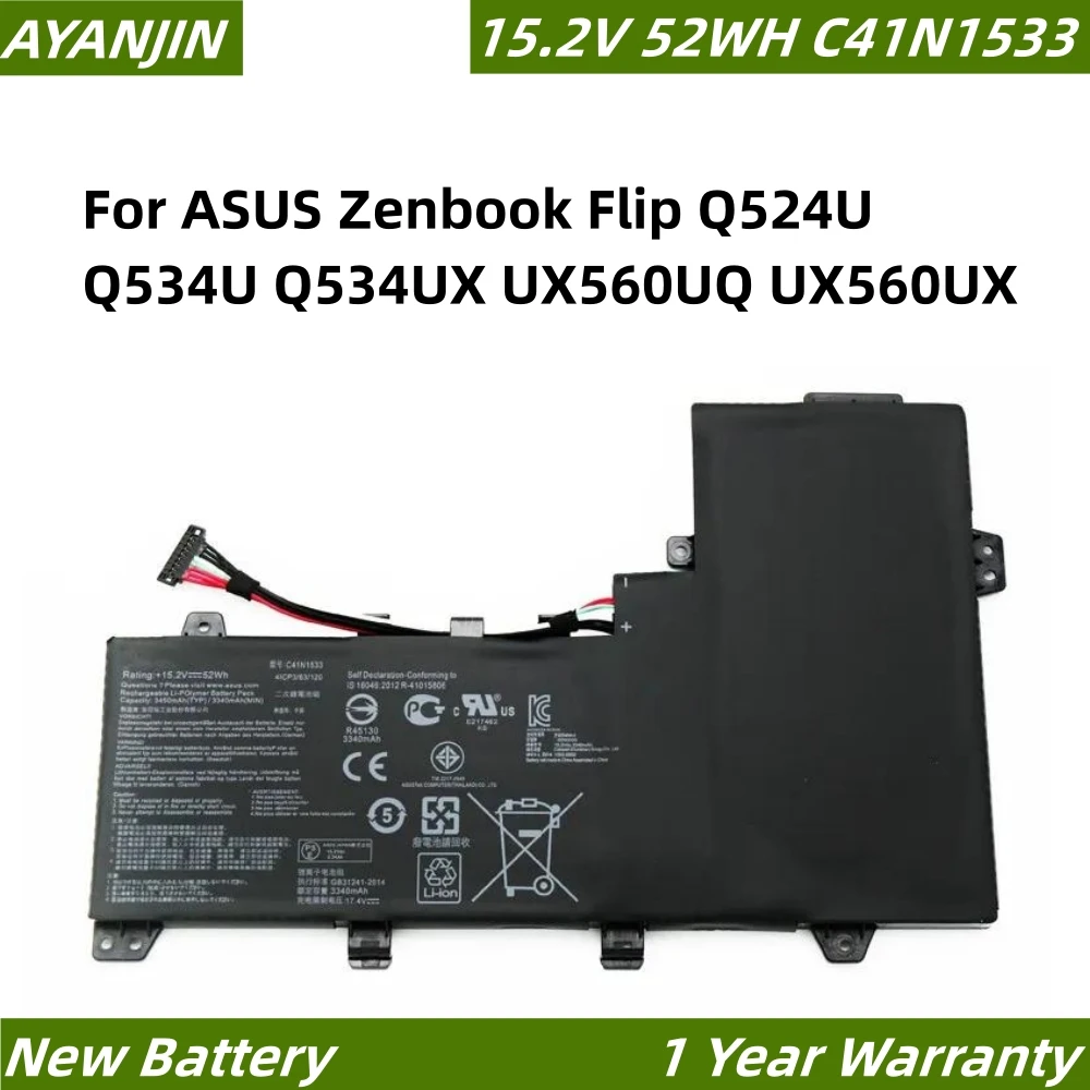 

C41N1533 15.2V 52WH Laptop Battery For ASUS Zenbook Flip Q524U Q534U Q534UX UX560UQ UX560UX Series 0B200-02010300