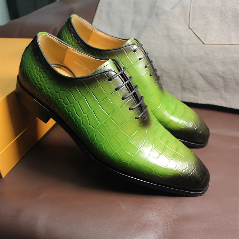 FELIX CHU Men's Genuine Cow Leather Shoes Crocodile Print Business