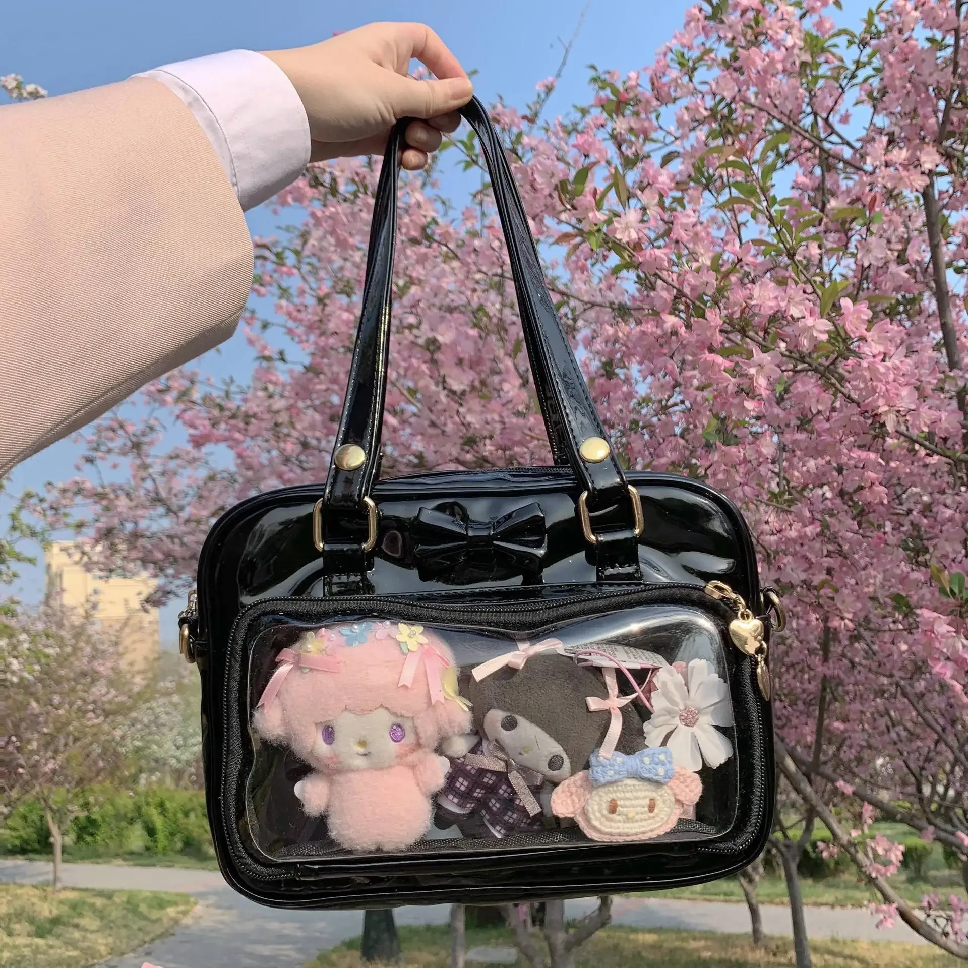 

Японская форма Jk Lolita, квадратная сумка на плечо, глянцевая прозрачная Милая элегантная школьная сумка с бантом, модная сумка Y2k вечерняя