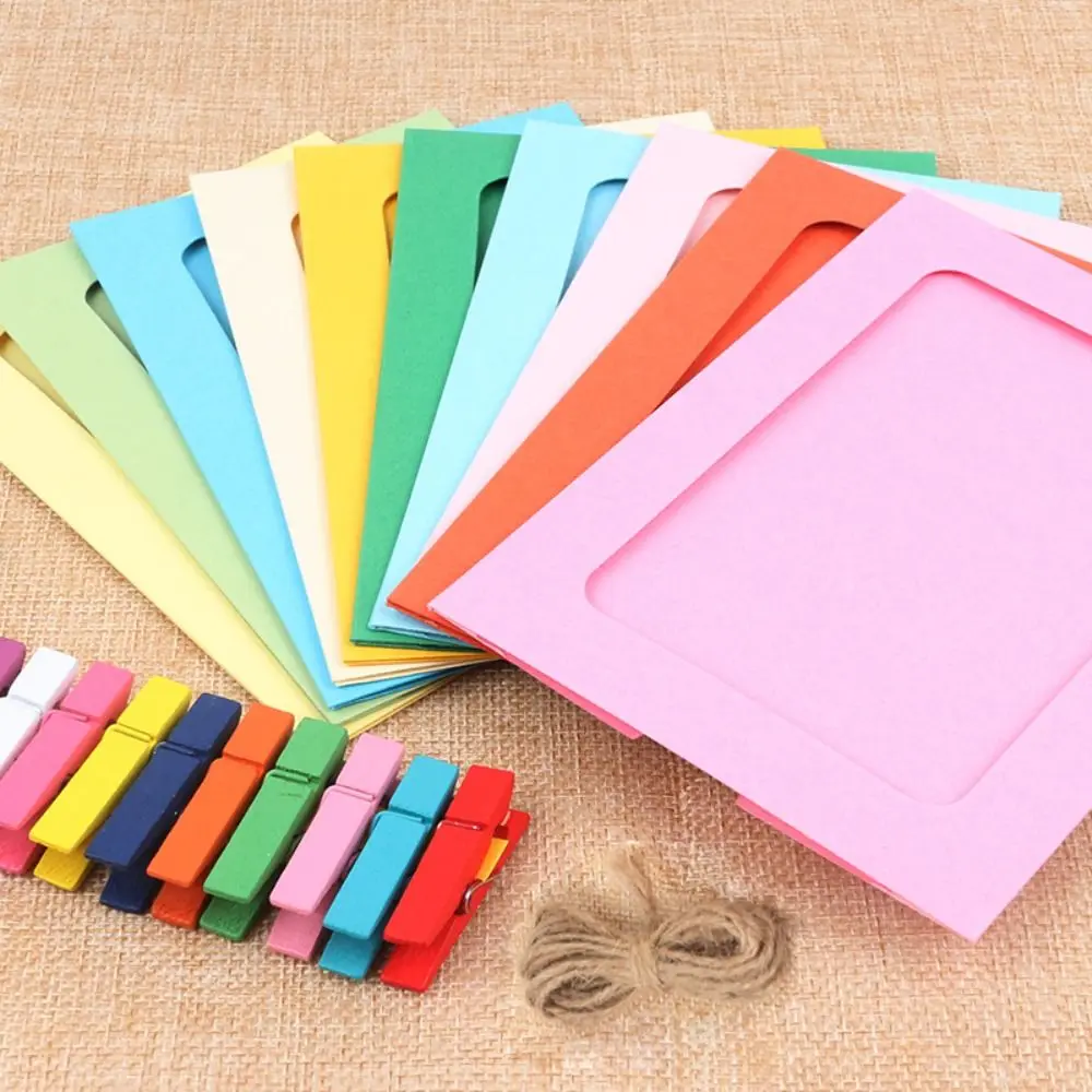 Photo Frame Craft Paper With Clips Rope Wall Hanging Picture Album Home Decor Wedding Happy Birthday 10Pcs/set