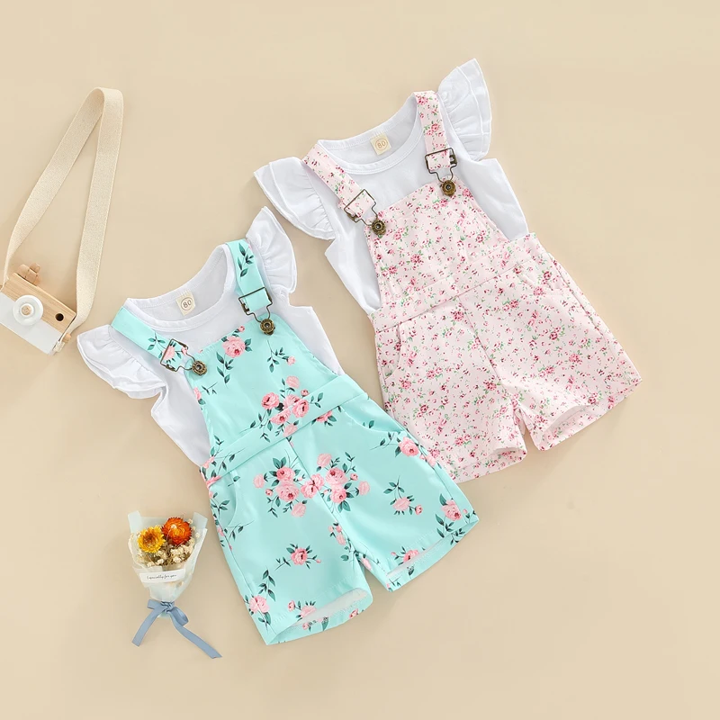 

Little Girls 2Pcs Overalls Set, Fly Sleeve Plain O-Neck T-Shirt, Floral Patterns Copper Buttons Suspender Short Pants, 1-5Years