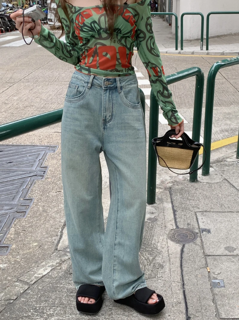 

Slergiri Streetwear Women Jeans Washed Vintage Blue Loose Wide Leg Straight Denim Trousers Fashion Y2k 2000s Pocket Baggy Pants