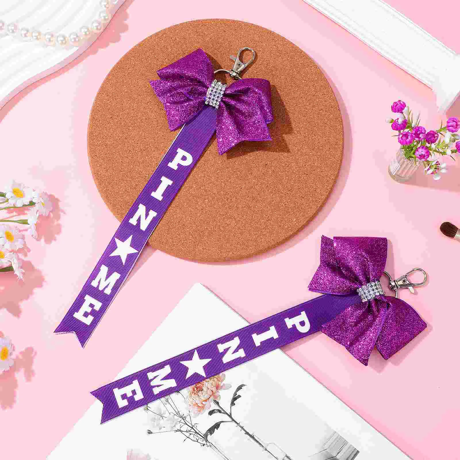 2 Pcs Keychain Bow Cheer Charms Accessories Ribbon Bows for Cheerleaders Fabric Miss Backpack