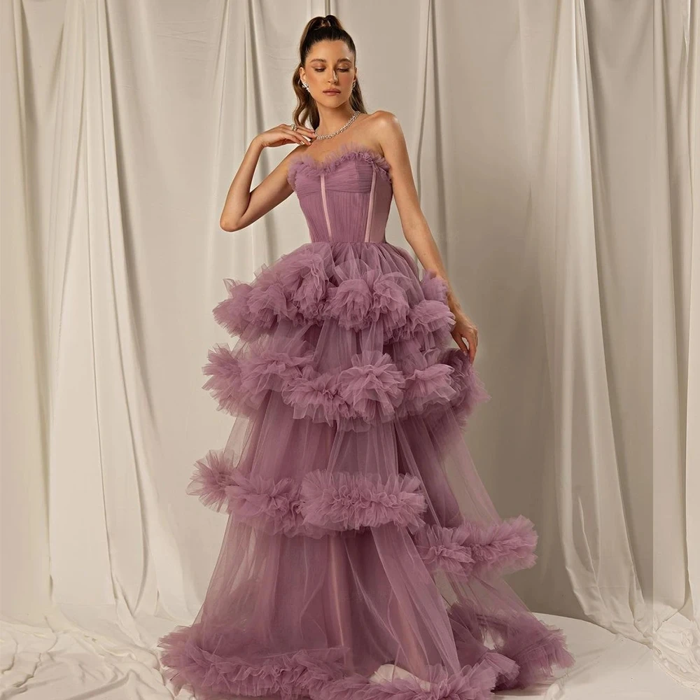 

Haute Couture Mauve Prom Party Dresses Sweetheart Ruffled Tulle Formal Occasion Dresses Long Evening Gowns فساتين مناسبة رسمية