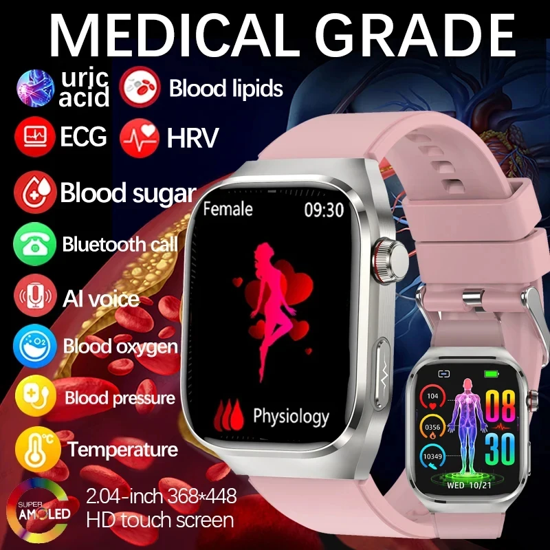 Relógio inteligente para homens e mulheres, Smartwatch de saúde, Chamada Bluetooth, Monitoramento de saúde, Açúcar no sangue, Gordura, Ácido úrico, HRV, ECG, PPG, Medical Grade, 2024
