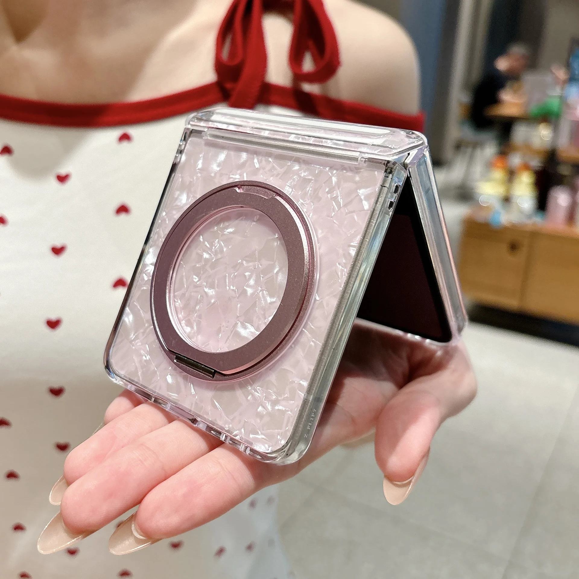 Dreamy Shell Pattern Magnetic Hinge Case with 360° Rotating Bracket and Wireless Charging Capability