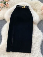 SINGREINY Women Korean Split Sexy Long Skirt 2024 Winter Corduroy Slim Thick Streetwear Fashion Vintage Autumn Bodycon Skirt - Image 4