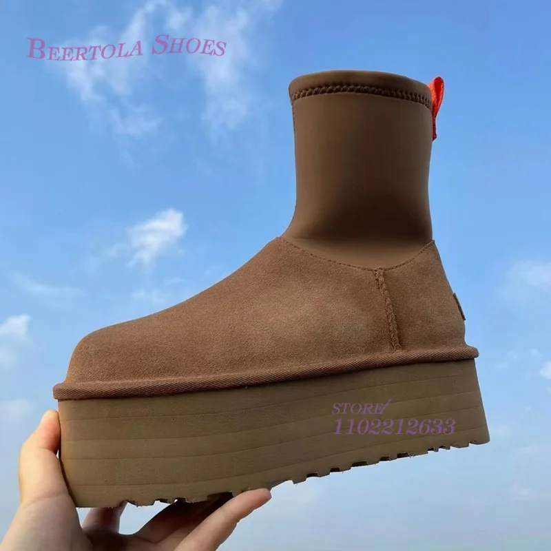 

Dark Brown Raised Platform Lining Plush Calf Snow Boot Women Black Suede Sexy Casual Ankle Booties Winter Cold Warm Slip On Shoe