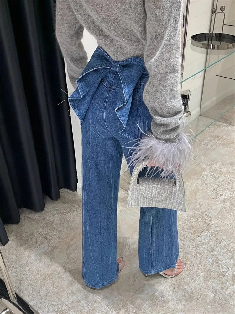 BPN Sweet Patchwork Bowknot Jeans For Women High Waist Solid Minimalist Loose Wide Leg Denim Pants Female Fashion Clothing Style