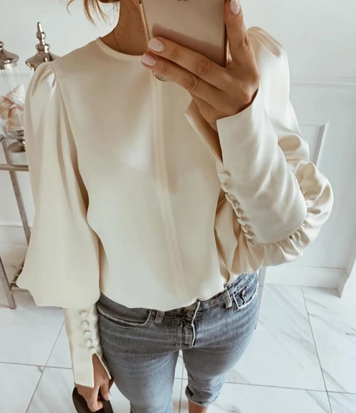 Women's Top 2024 Spring New Fashion Commuter Solid Round Neck Balloon Sleeve Blouse Loose Fitting Pullover Women Blouse