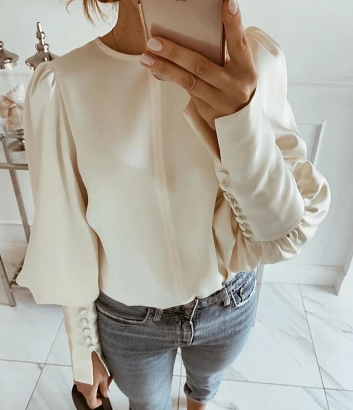 

Women's Top 2024 Spring New Fashion Commuter Solid Round Neck Balloon Sleeve Blouse Loose Fitting Pullover Women Blouse