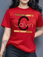 Gran oferta, moda de verano para mujer, camiseta informal con estampado de letras Calvin, ropa deportiva holgada de manga corta con cuello redondo, ropa y2k