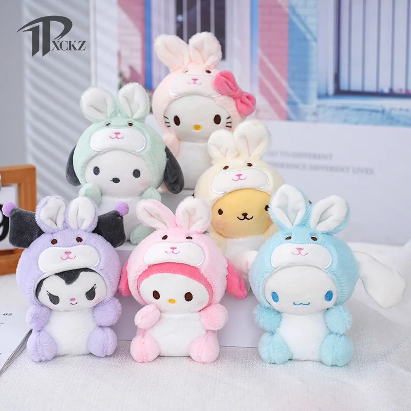 

Kawaii Sanrios Rabbit Cinnamoroll Plush Doll Keychain Melody Soft Stuffed Cartoon Keyring Kuromi Bag Decoration Pendent Toys