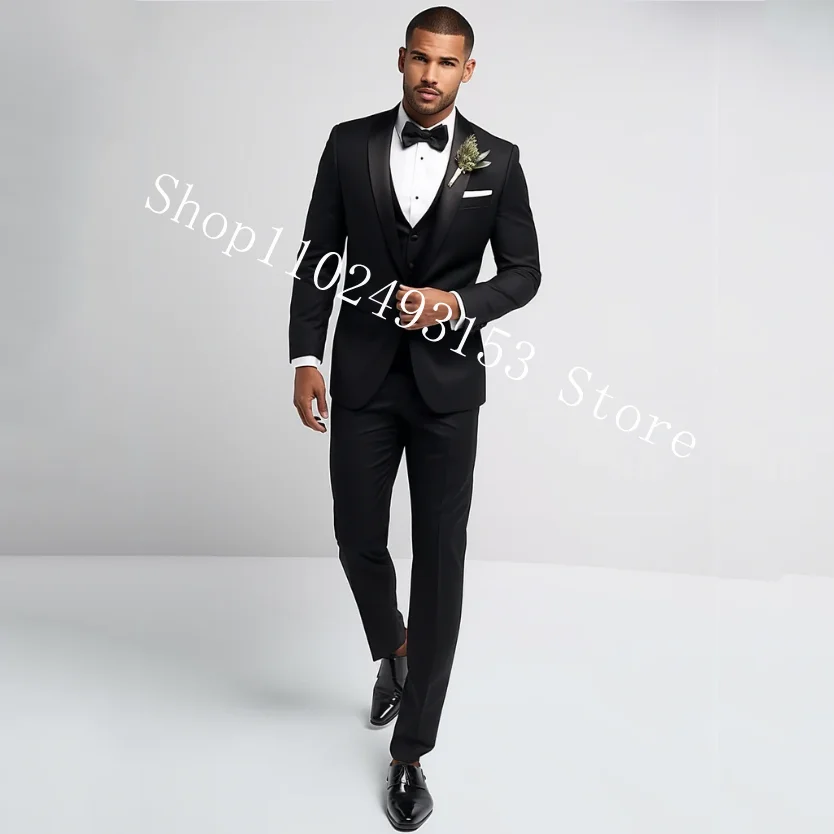 Men's Classic Black Shawl Lapel 3 Pieces Tuxedos For Wedding Slim Fit Groomsmen Suits Men Blazer+Vest+Pants Costume Homme