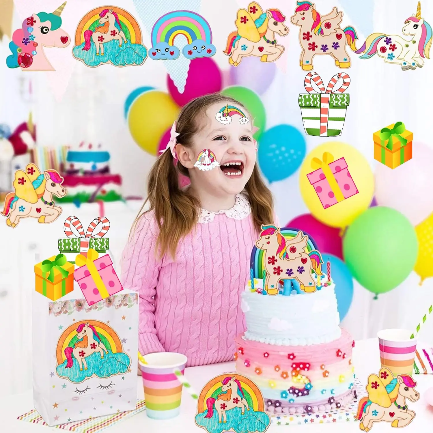 Craft Toys 386Pcs Unicorn Wood Craft Set 18Pcs Unicorn Wood 354 Rhinestones 12 Colored Pencils 2 Stickers Boys/Girls DIY Crafts