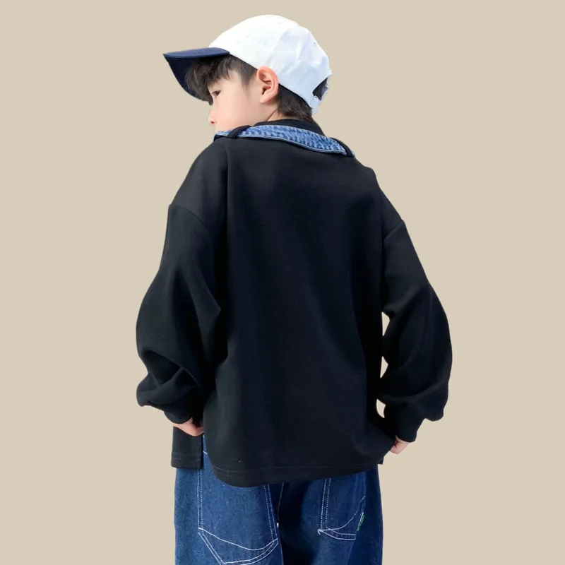 Boy Denim Sweatshirt Stitching Denim Outerwear For Kids Children Pullover 2024 Spring Autumn Teenager Windbreaker Korean Version