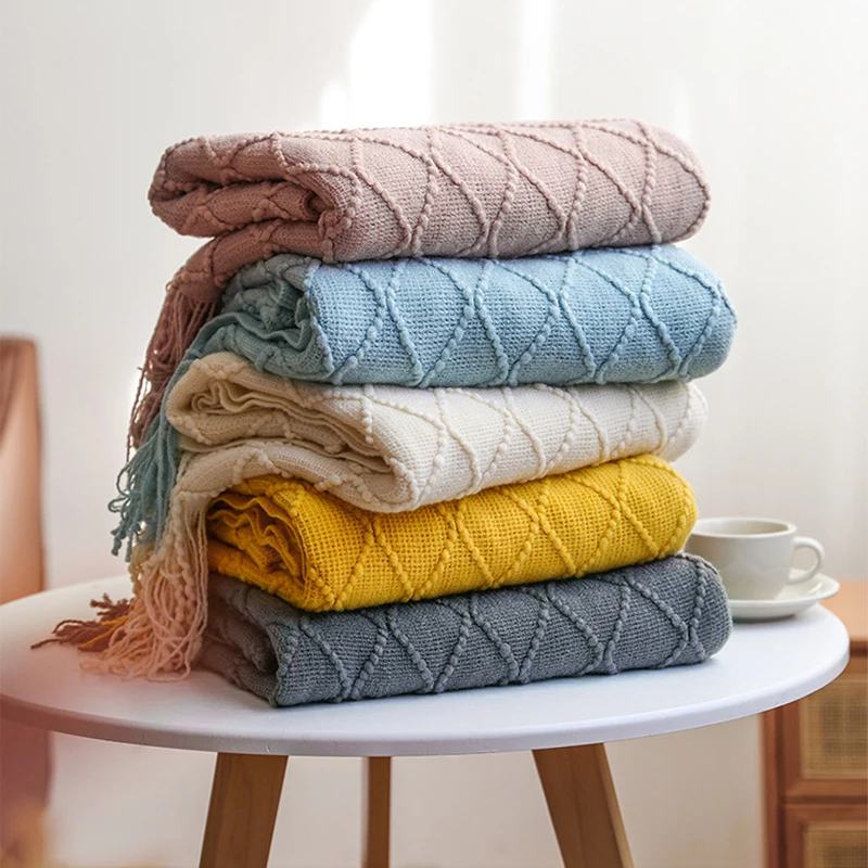 

Knitted Blanket Soft Throw With Tassel Sofa/Bed/Home/Office Blanket Warm Comfortable Large Size Solid Blanket Beige Blue Pink
