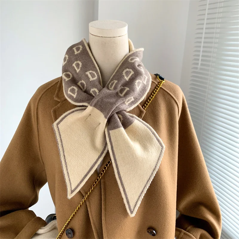 Plaid Letter Knitted Neck Scarf Women Fashion Printed Skinny Long Narrow Collar Scarves Female Winter Warm Thick Hairbands Ties 14