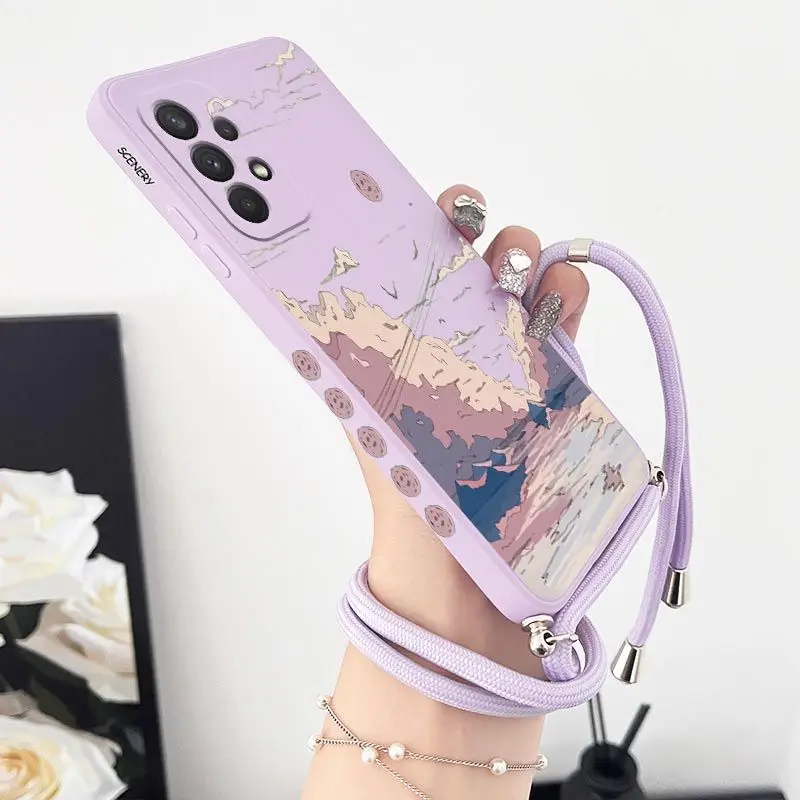 

Anime Scenery Crossbody Lanyard Silicone Phone Case For Samsung Galaxy A54 A34 A24 A73 A53 A52 A52S A04S A04E A72 Cover