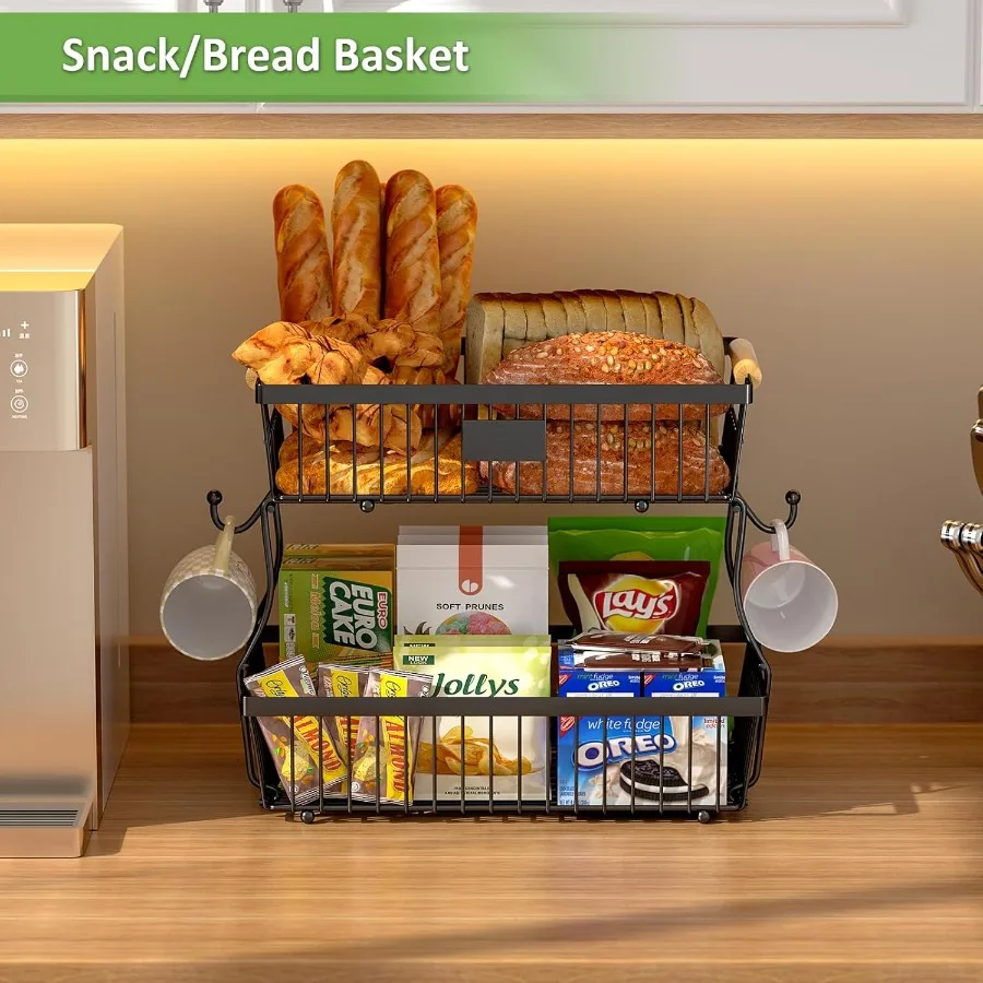 2 Tier Fruit Basket for Kitchen Counter with 2 Banana Hangers Countertop Metal Fruit Bowl with Wooden Handle Large Storage Stan