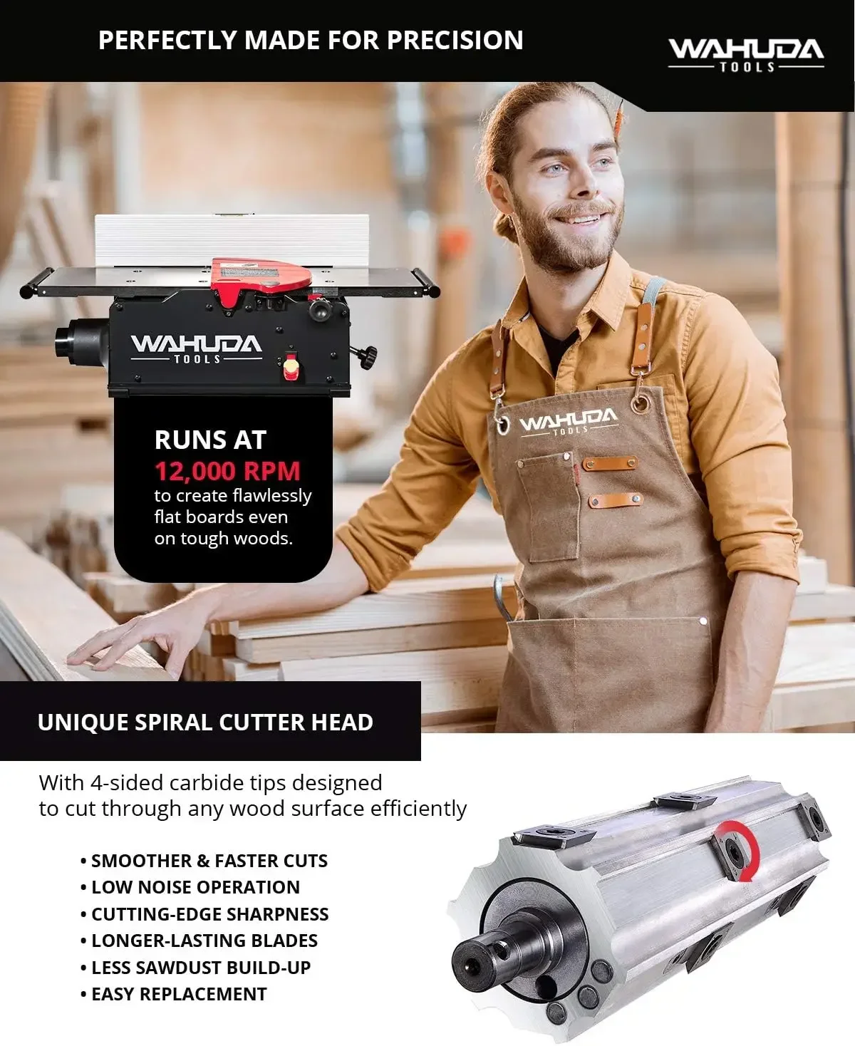 Jointer 10 inch Benchtop Wood Jointer Spiral Cutterhead Portable Cast Iron Tables Pull Out Extensions 4 Sided Carbide Woodworking Tools