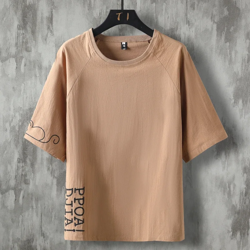 

Summer Embroidered Cotton Linen Short Sleeved T-shirt, Suitable for Men's T-shirts with Loose Half Sleeves