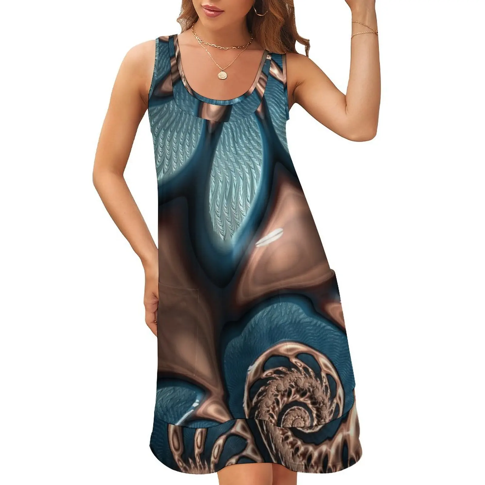 

Teal and Chocolate Swirl - Blue Brown Fractal Spirals Sleeveless U-Neck Fake Two Piece Dress luxury woman party dress