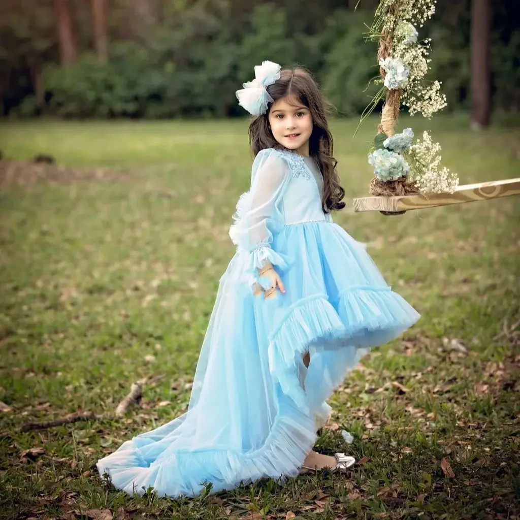 

High Low Flower Girl Dresses Princess Ball Gown Full Sleeves Birthday Party Dress Lace Appliques Kids Pageant Costumes