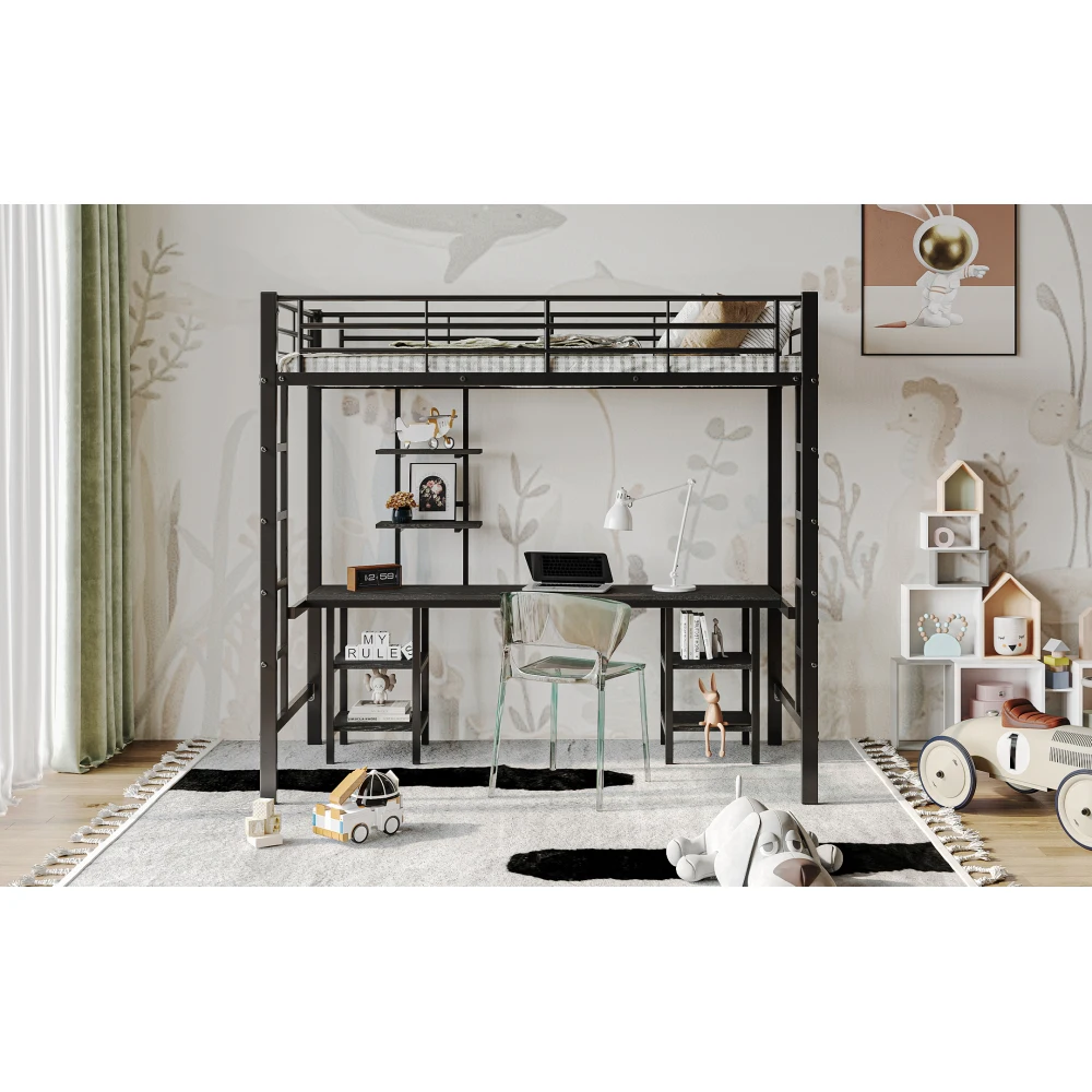 90x200cm Bett mit Eisenrahmen, Etagenbett mit Tisch und Regalen, für Kinder und Jugendliche, Kinderbett mit Seitenleiter und Fallschirmgitter – Detail 34