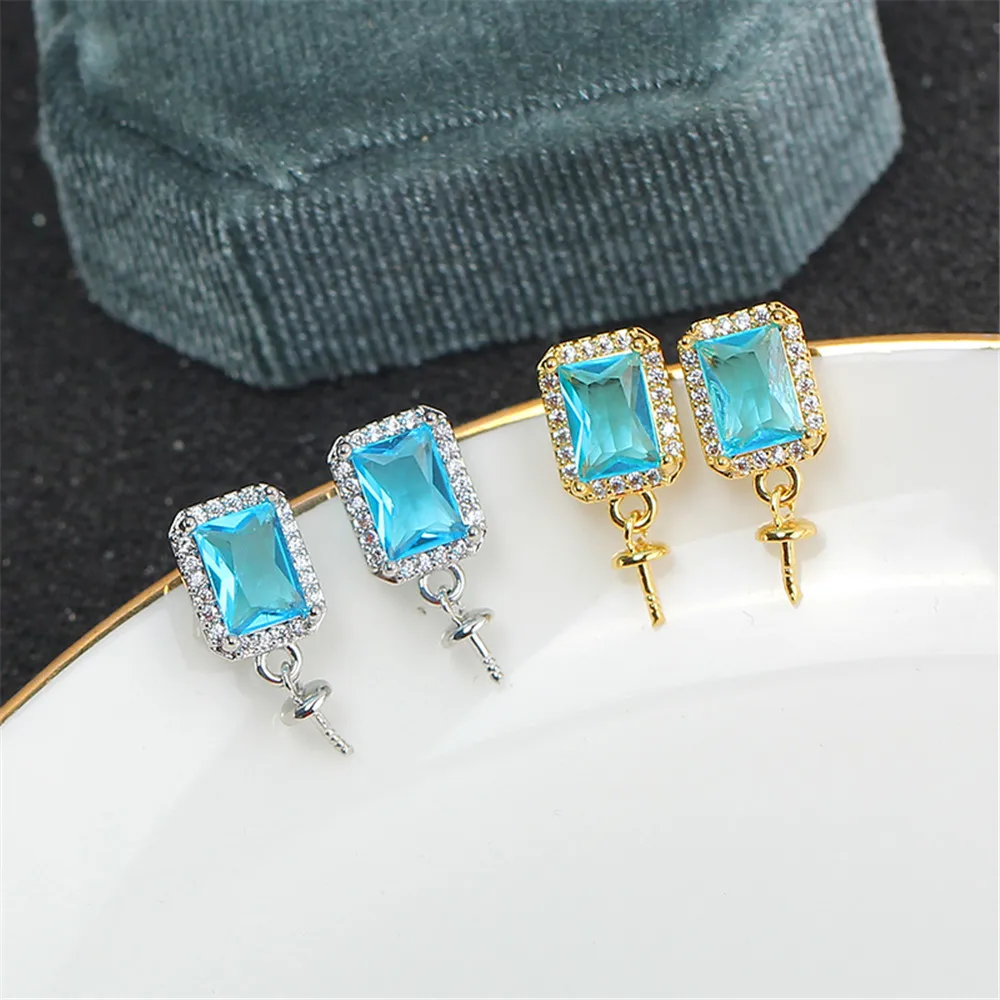 14K Gold Injection Color DIY Accessories Square Crystal Sugar Zircon Pearl Empty Earrings and Simple Accessories for Women
