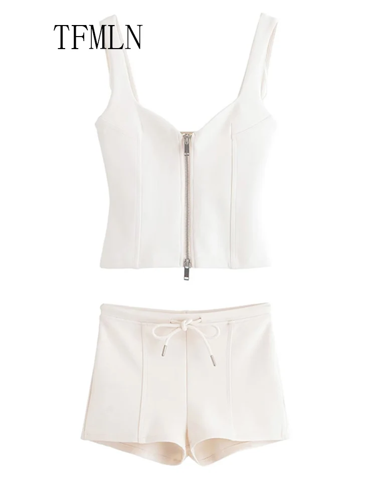 TFMLN 2025 Summer Women Tank Top Short Sets Fashion Sporty Zipper Square Collar Top Drawstring Mini Shorts Causal Outfits