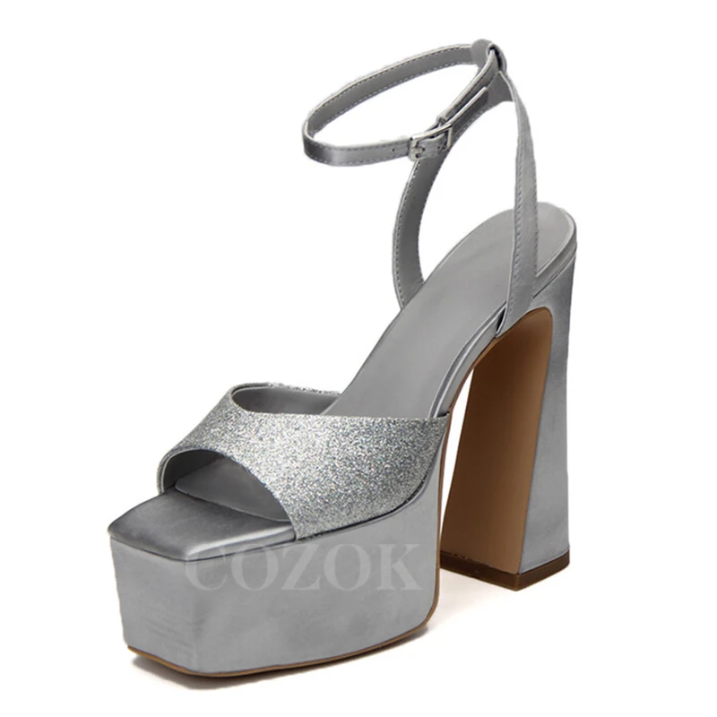 

Ladies Platform Sandals Summer New Shiny Eye-Catching Banquet High Heel Sandals Ankle Strap Design Square Head Women Pumps