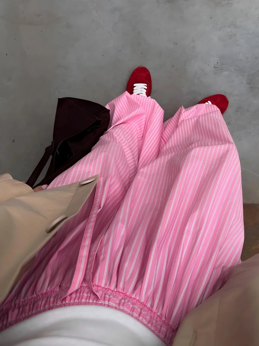 Bornladies 2025 Summer Women's Cotton Blue Thin Striped Baggy Lantern Pants Elastic Waist Casual Street Trousers