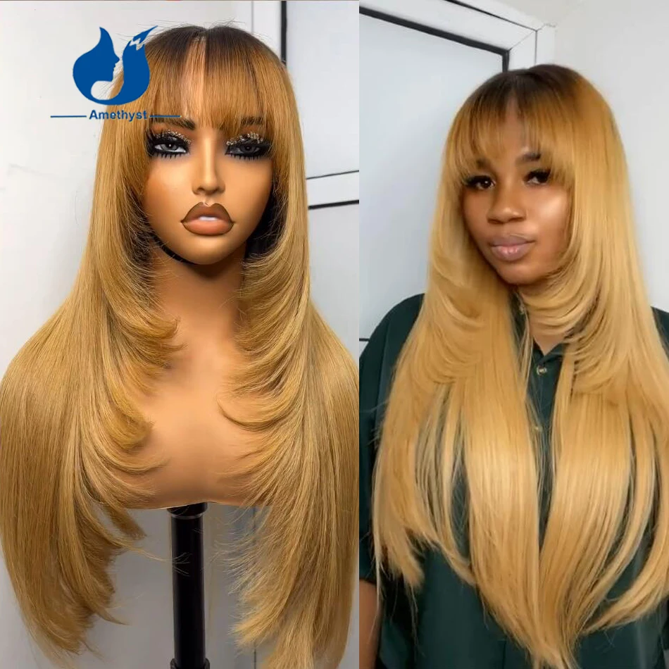 Amethyst Long Layered Cut 3/27 Blonde Human Hair Wig with Bangs Full Machine Wig Dark Root For Women Scalp Top Remy Brazilian