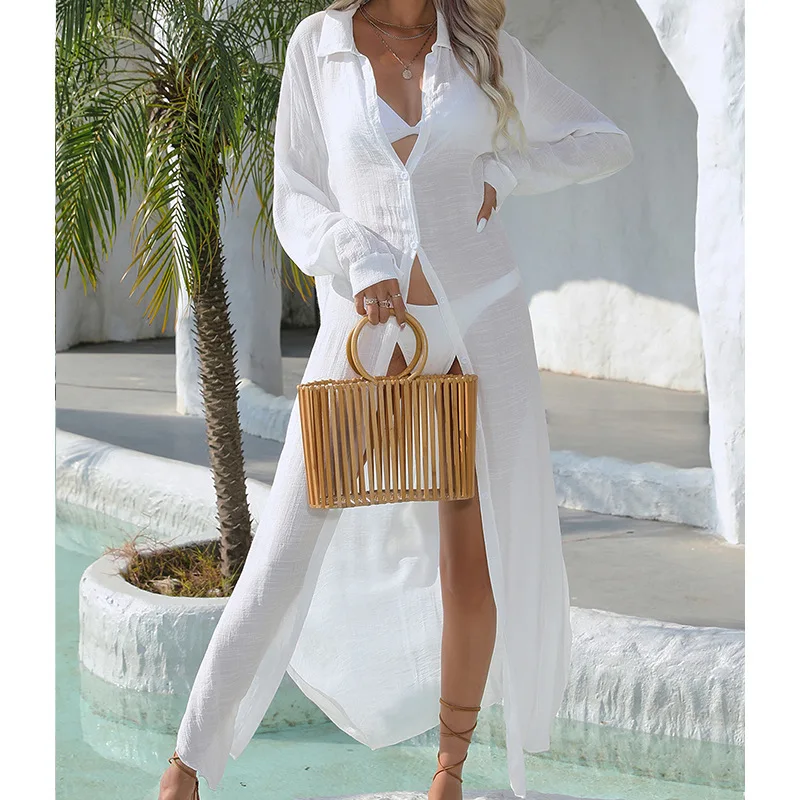 Sunscreen White Long Shirts Bikini Cover-up Women Summer Long Sleeve Lapel Button down Beach Dress Swimwear Smock Tops swimsuit cover up,swimsuit coverup,beach dress set,women dresses