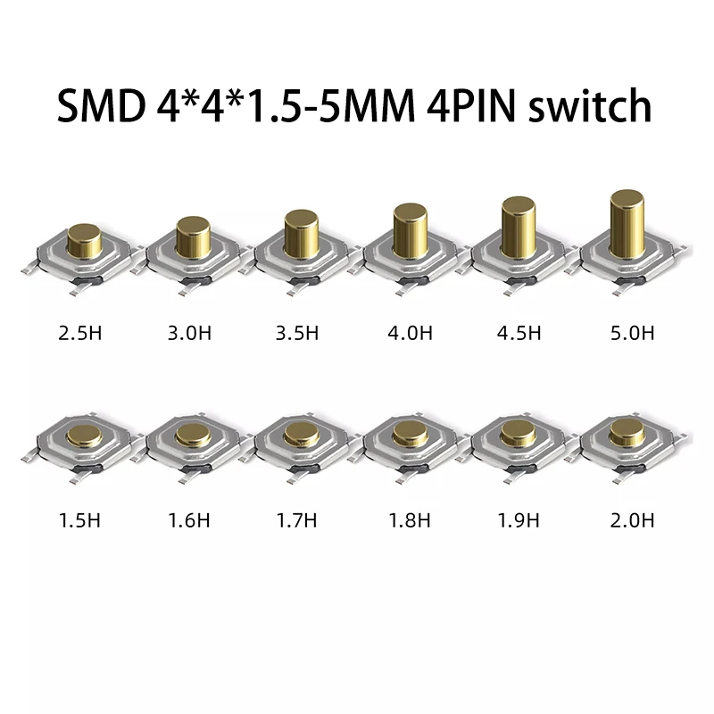 

Reel packing 12V 0.5A 4 Pin 4*4*1.5-5MM SMT Push Button Switch Metal Tactile Micro Tact Touch Switch Copper Interruptor 4x4x1.5